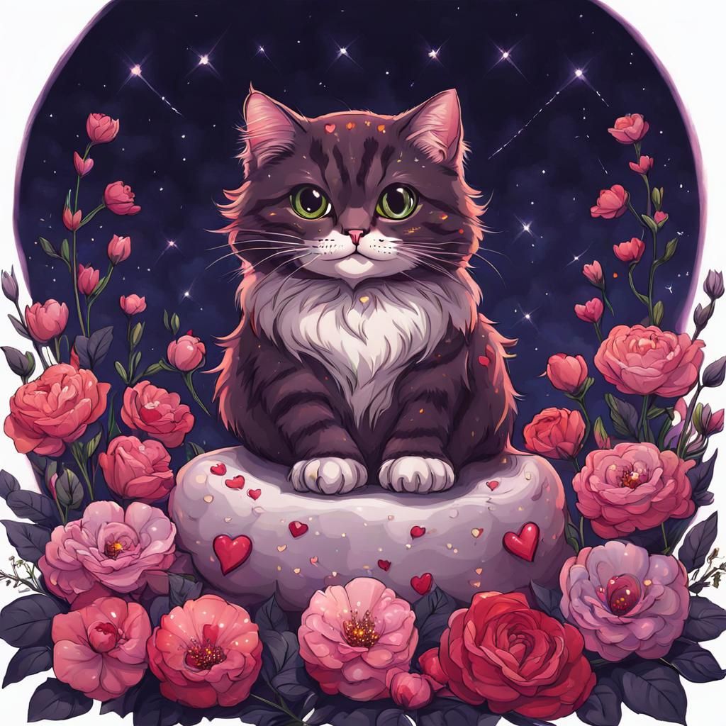 Cute Cat Surrounded by Flowers and Heart Lights