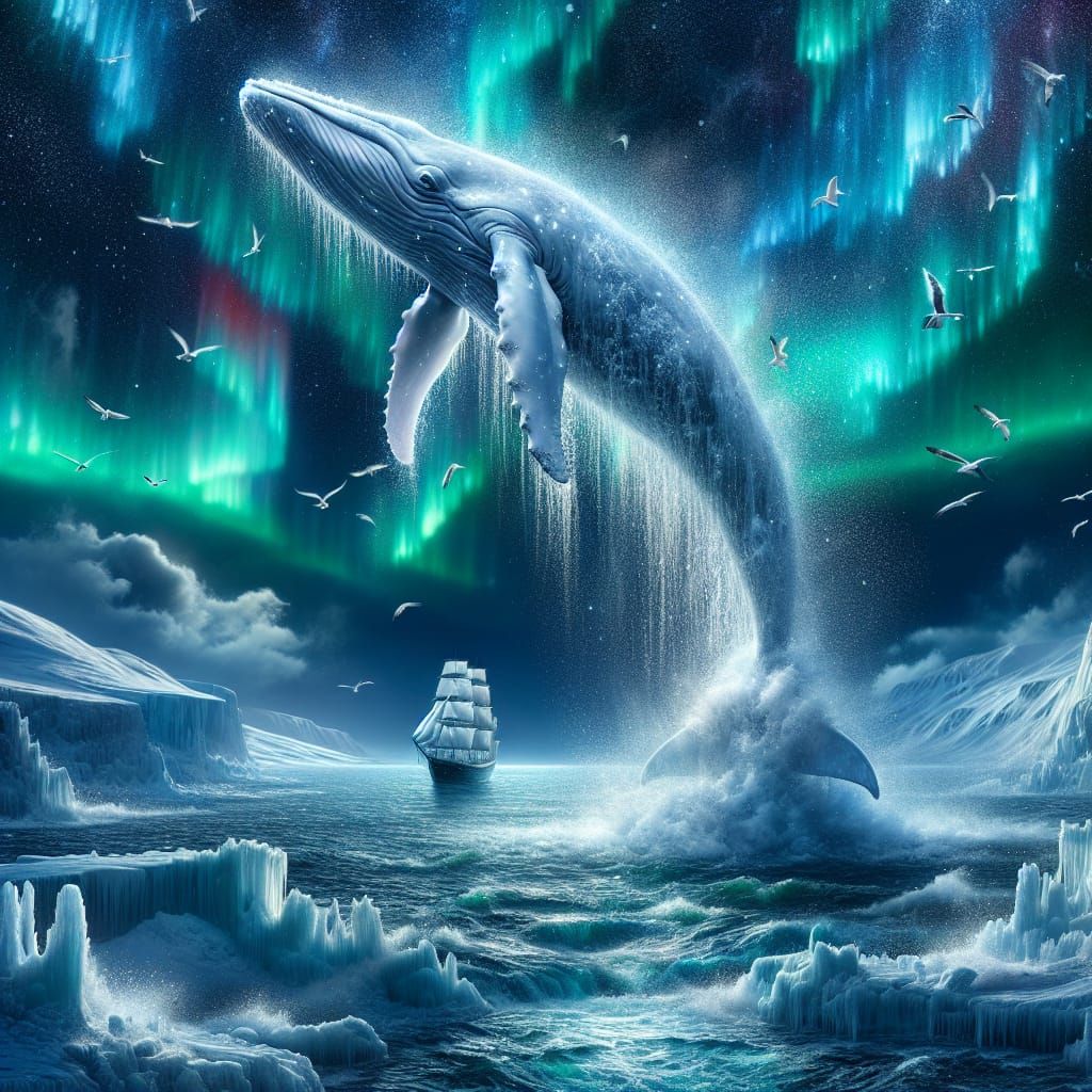 Majestic White Whale Leaps Amid Northern Lights