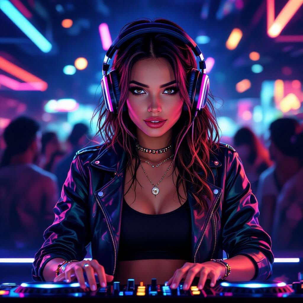 Young DJ in Vibrant Nightclub, Futuristic Neon Style