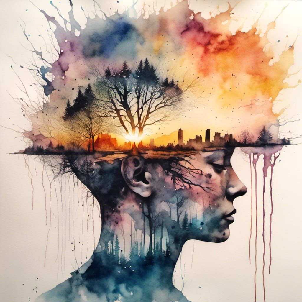 Surreal Watercolour Sunset Dream Double Exposure