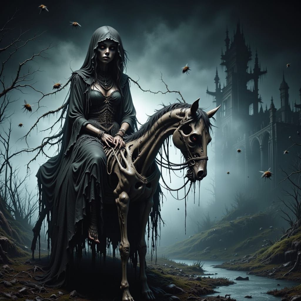 Zombie Woman Rides Skeletal Horse in Horror Scene