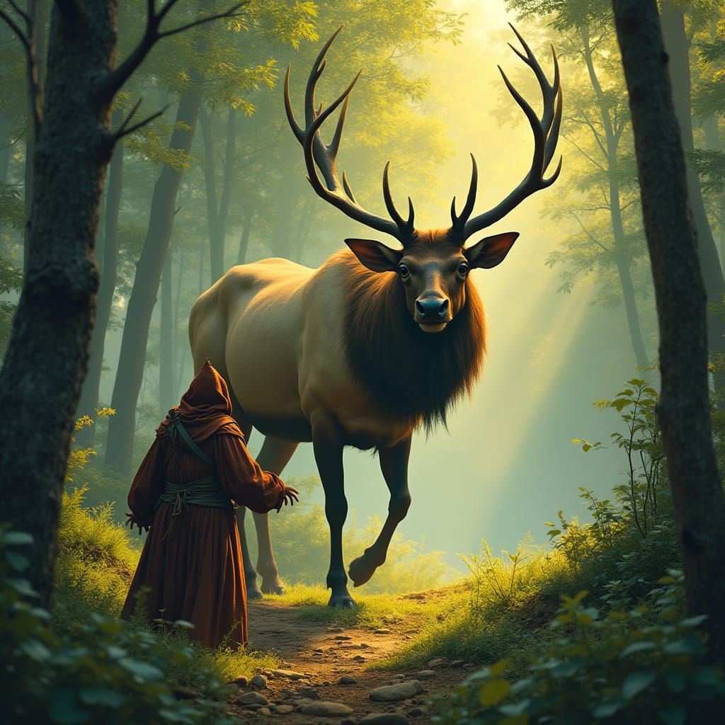 Cloaked Figure Stalks Elk in Detailed Matte Painting