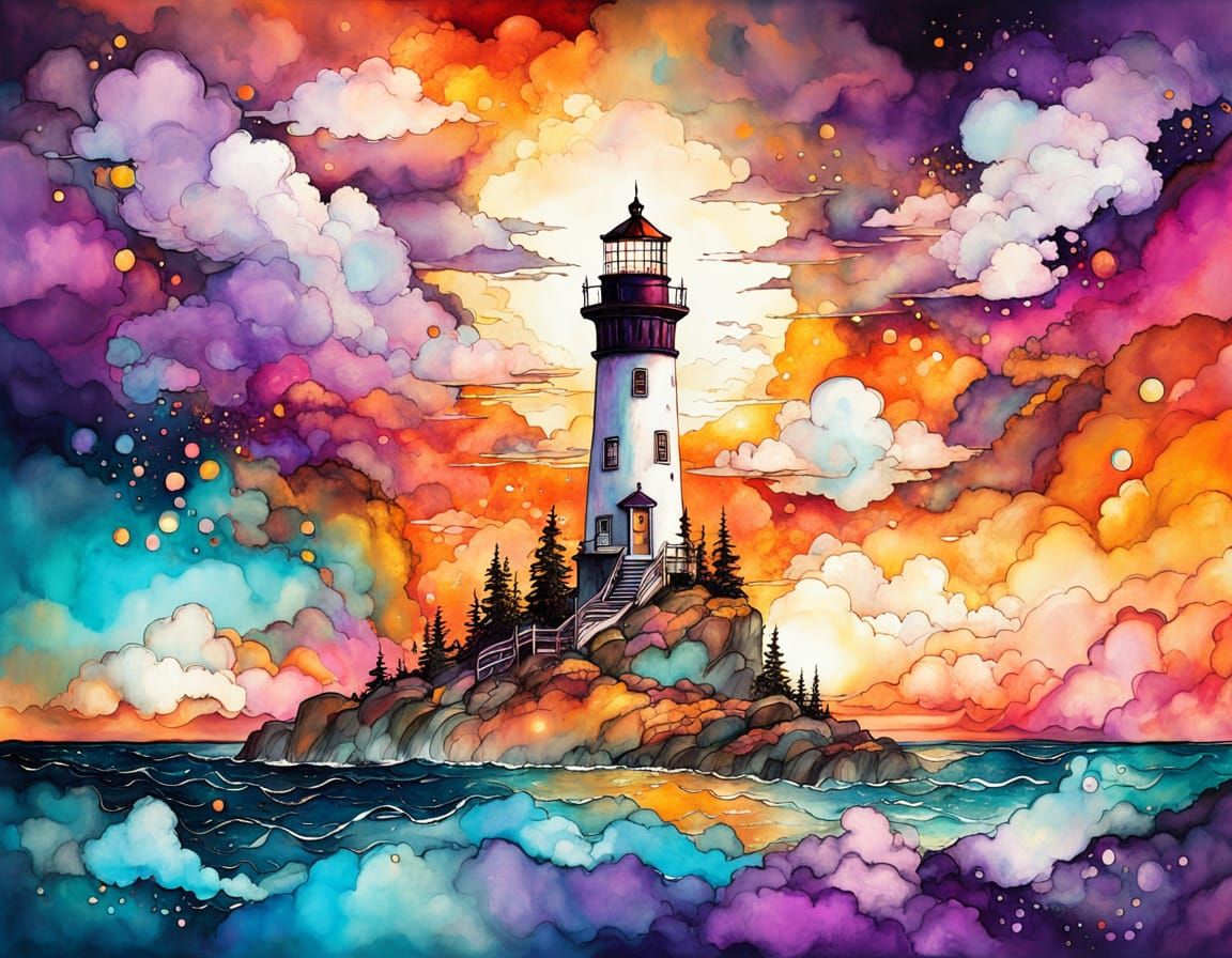 Sunset Lighthouse with Alcohol Ink Clouds
