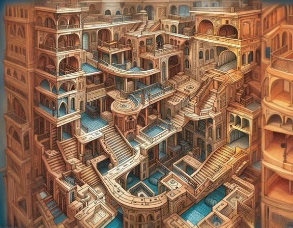 Surrealistic Escher-style palace