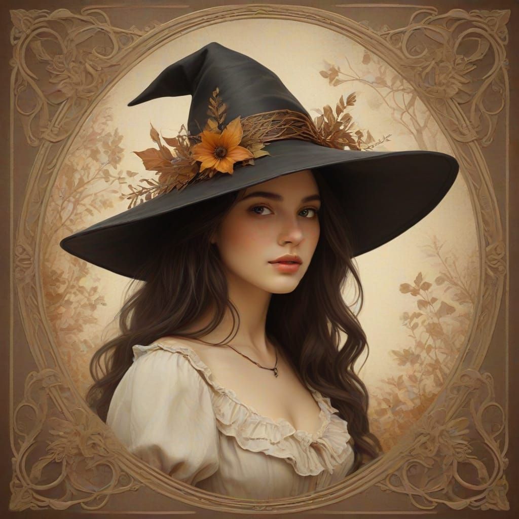 Melancholic Young Witch in Art Nouveau Style Painting