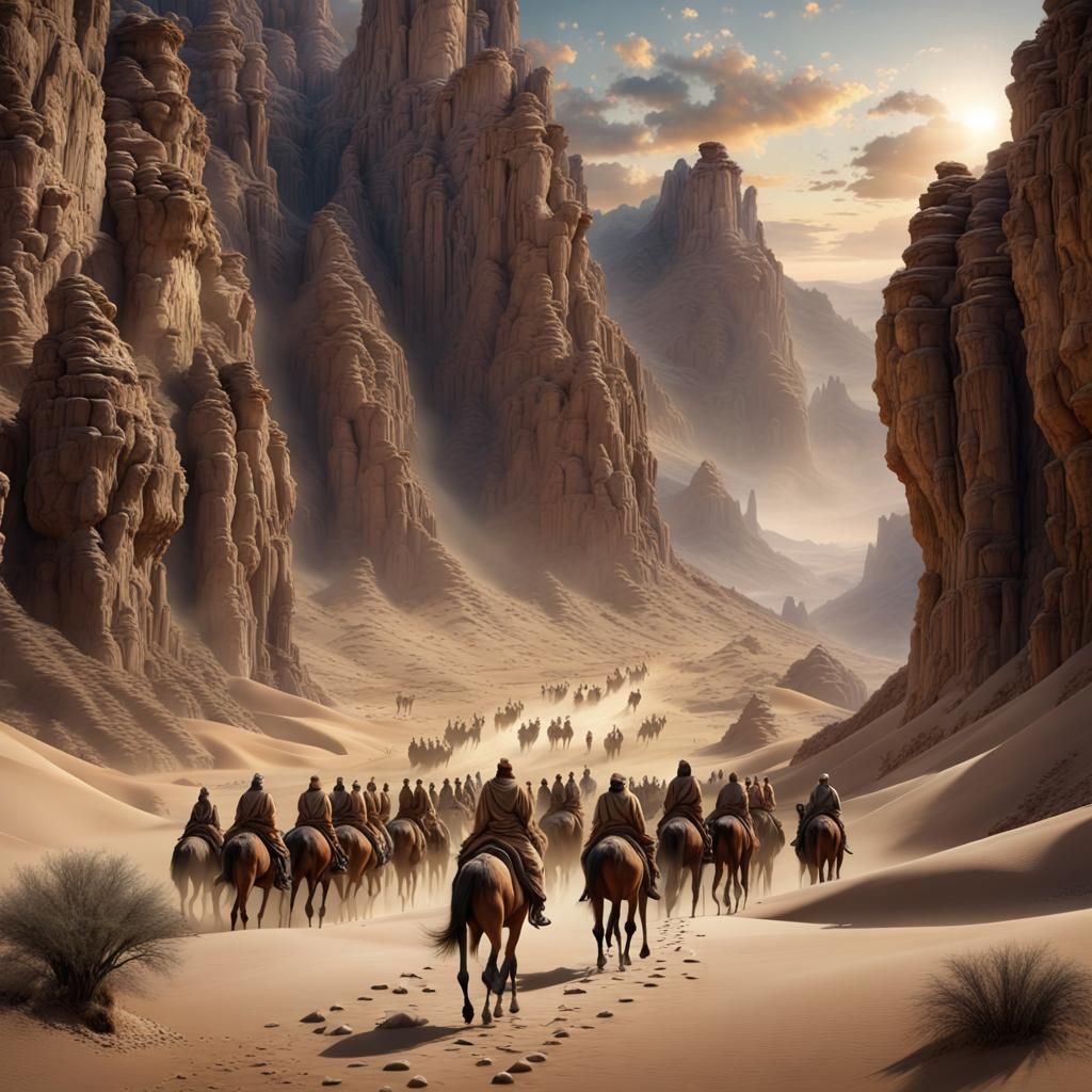 Camel Cavalry in Desert Canyon: Digital Matte Painting