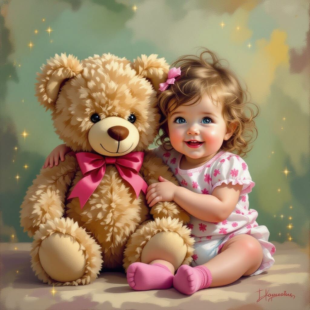 Fluffy Teddy Bear and Infant Girl in Whimsical Oil Painting