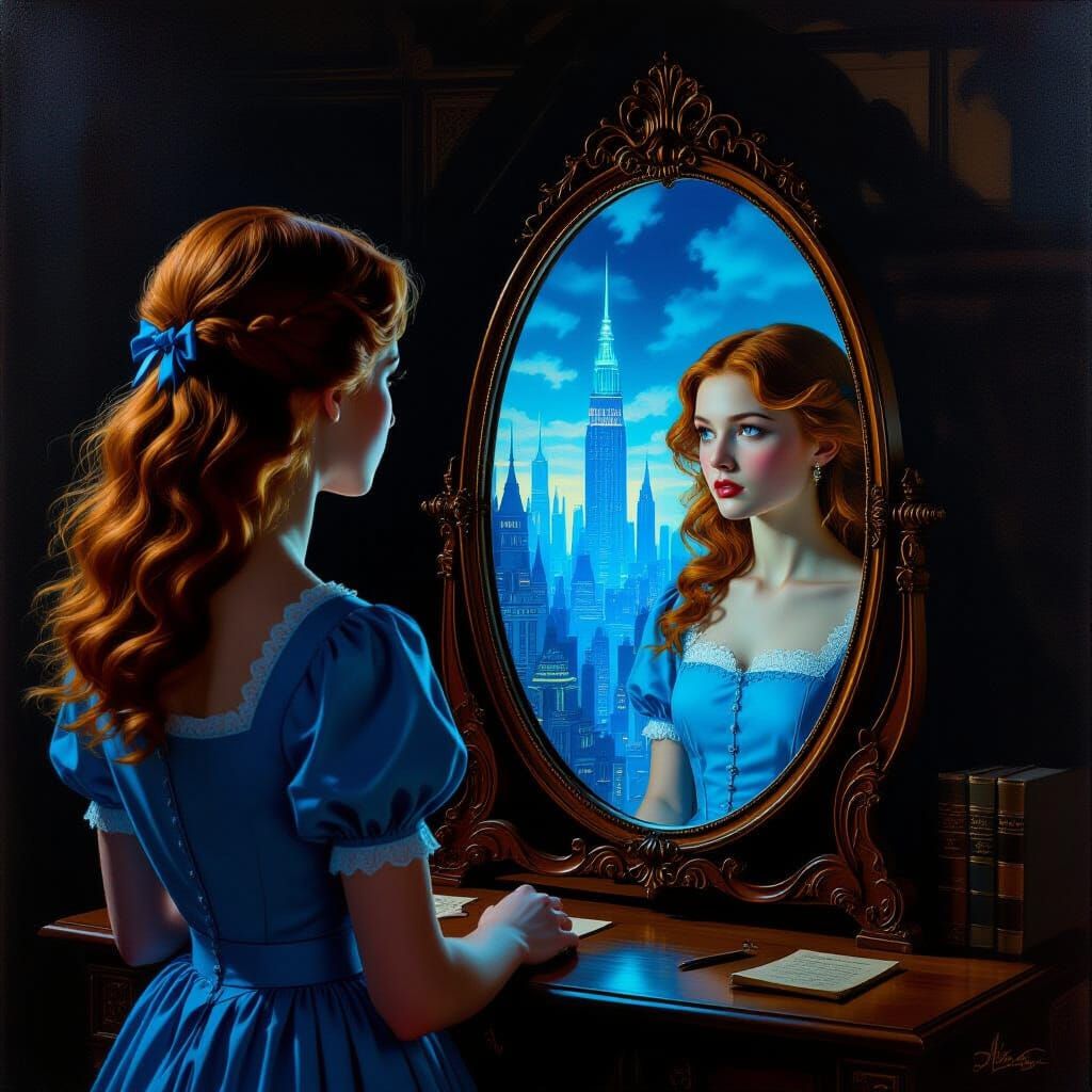Woman Gazes into Mirror Reflecting Futuristic City