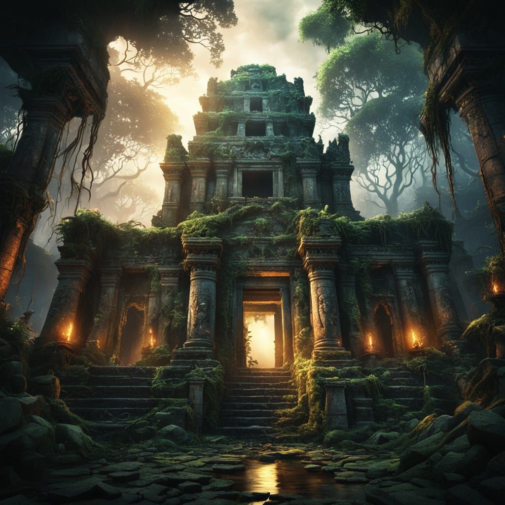 Mystical Jungle Temple in Dark Fantasy Art