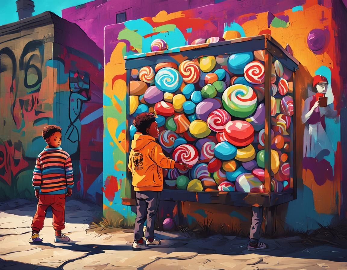 Street Art: Man with Candy and Curious Boy