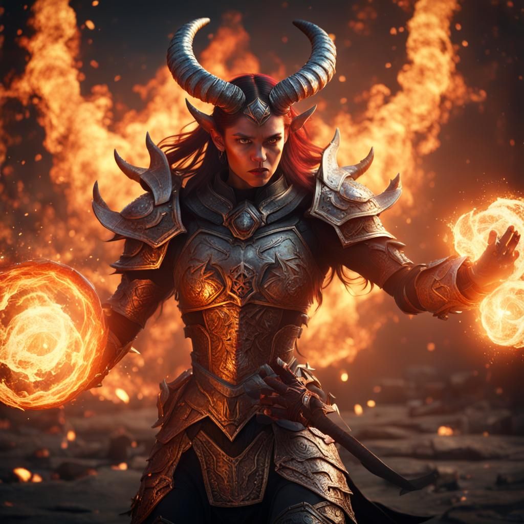 Furious Armored Demon Woman Summons Fireball