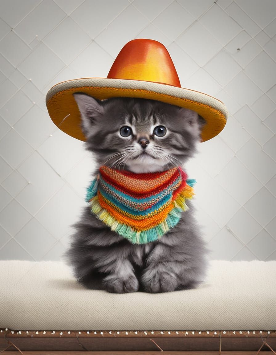 Kitten in Sombrero on Fluffy Couch