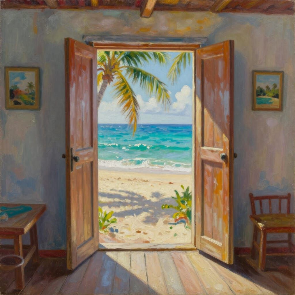 Jamaican Beach House Interior Oil Painting