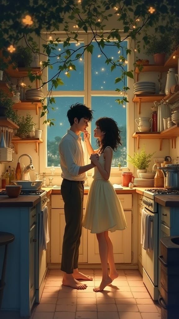 Romantic Kitchen Dance in Ghibli Style