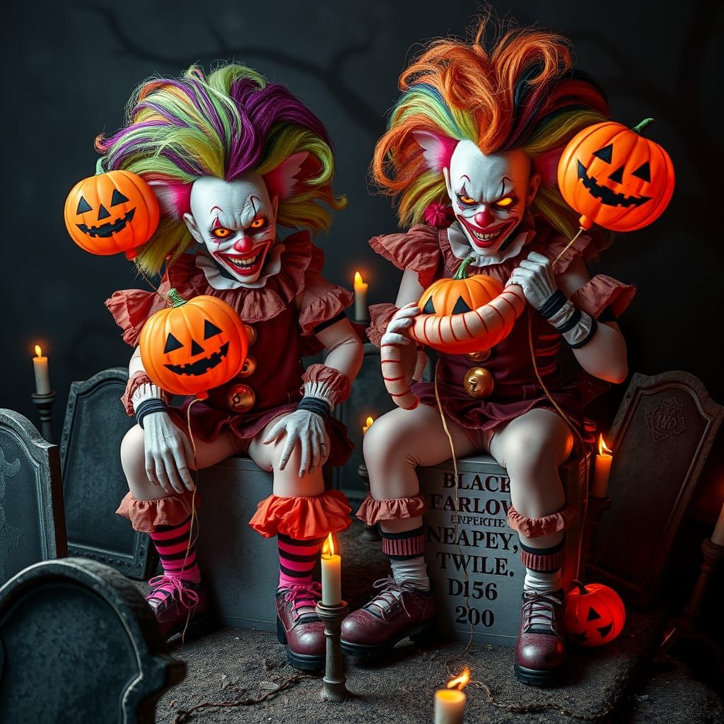 Scary Gyaru Clowns in Graveyard, Halloween Image