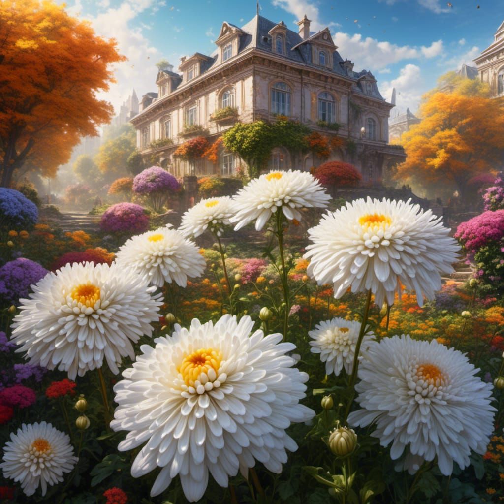White Chrysanthemum in Autumn Garden, Hyperrealistic Digital...