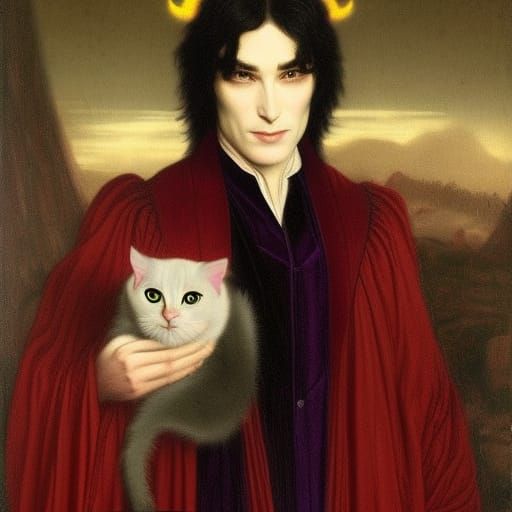 Vampire Lord with Cats in Pre-Raphaelite Style