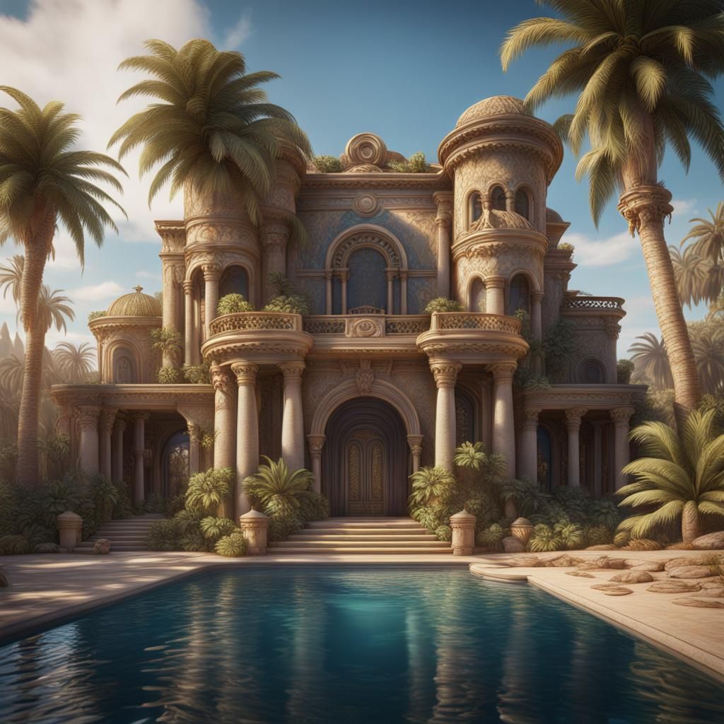 Luxury Mansion with Pool in Fantasy Concept Art