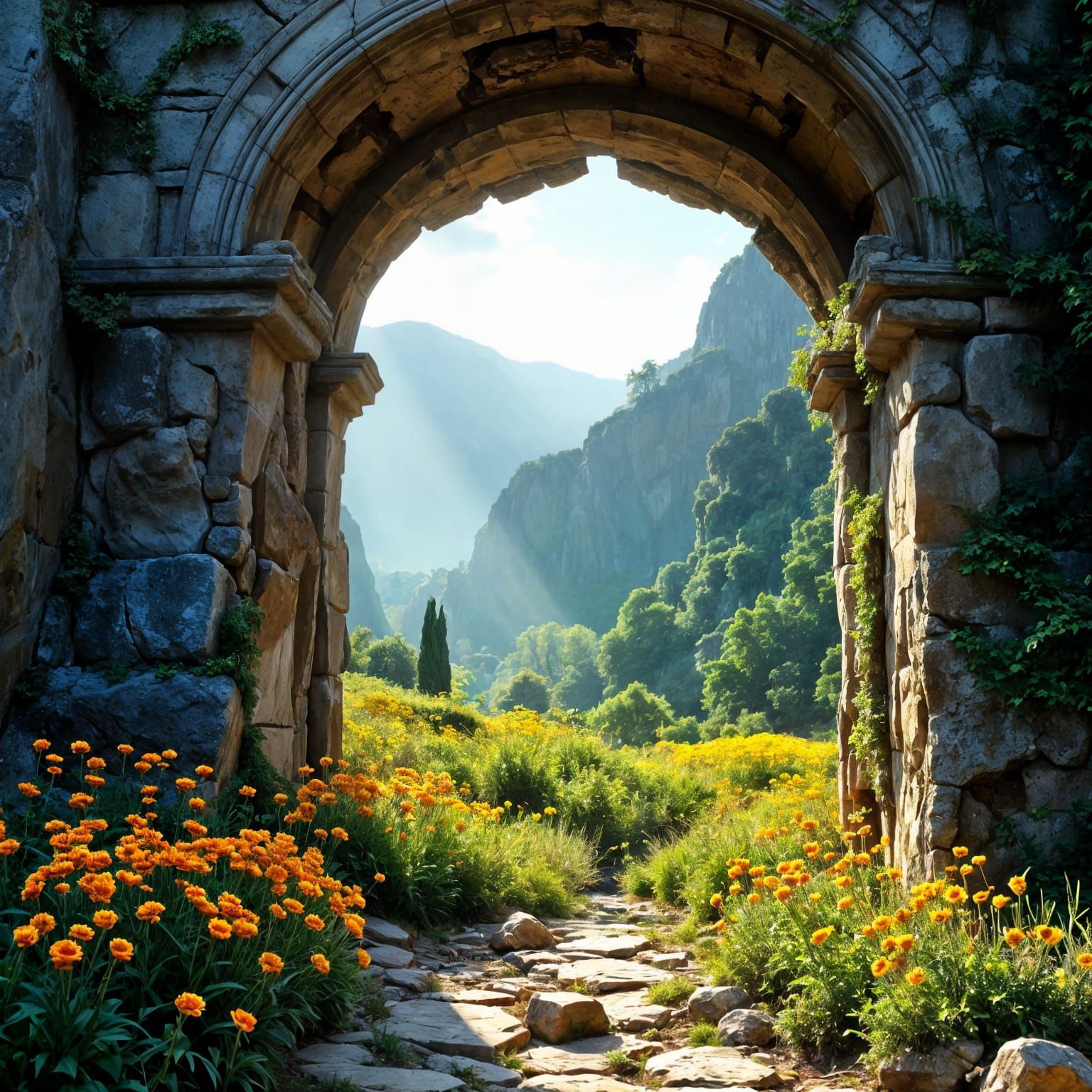 Ancient Archway with Mountain View and Sunlit Wildflowers