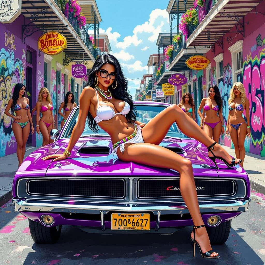 Mardi Gras Woman on Plum Crazy Dodge Charger