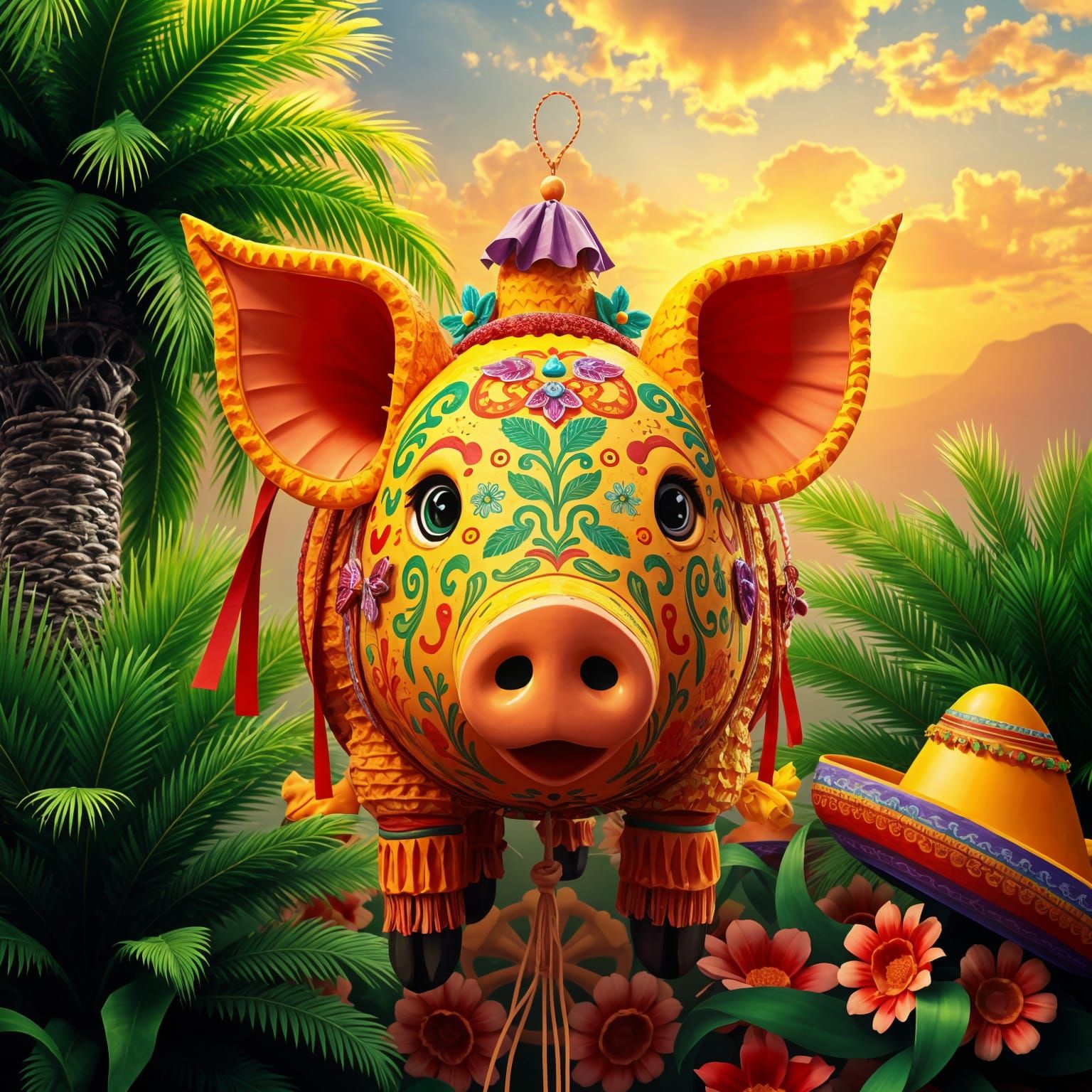 Colourful Pig Piñata in Mexican Summer