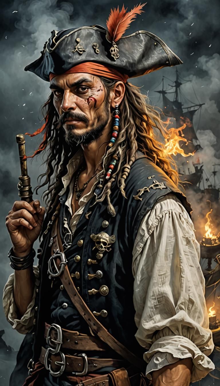 Pirate Scene in Modern Ink Wash Painting