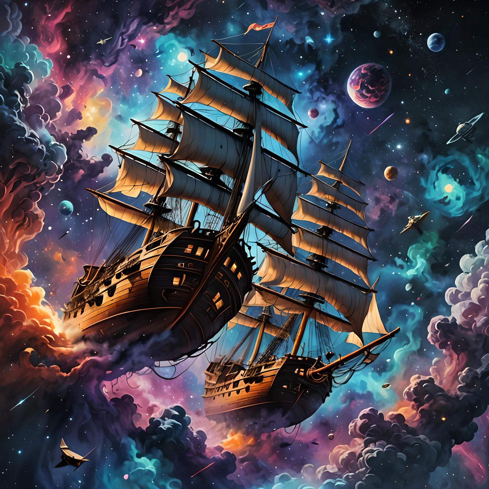 Wooden Sailing Ships Fleet in Space: Graffiti Art Style
