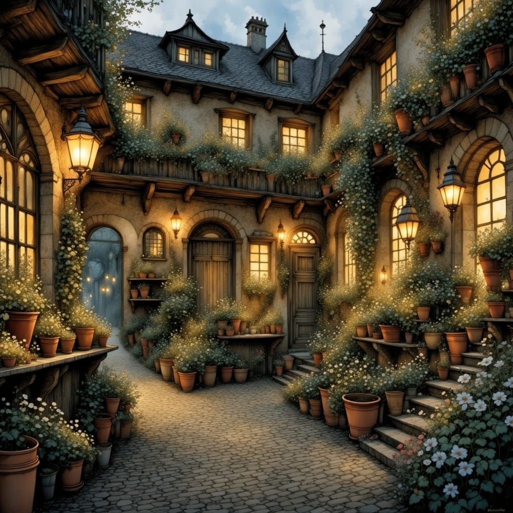 Whimsical German Courtyard at Night in Vibrant Colors