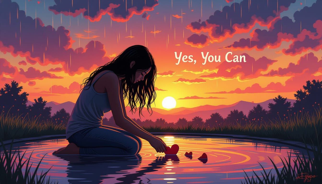 Broken Heart Mended at Sunset: Surreal Digital Art