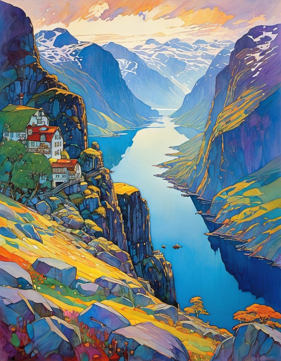 Norwegian Fjord Landscape in Art Nouveau Style