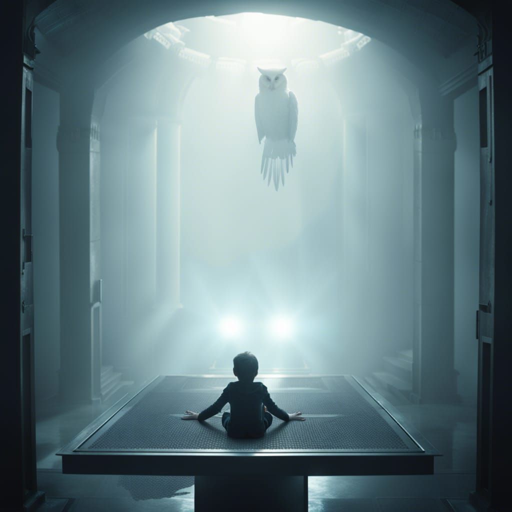 Boy and Alien in Foggy Room, Cinematic Still