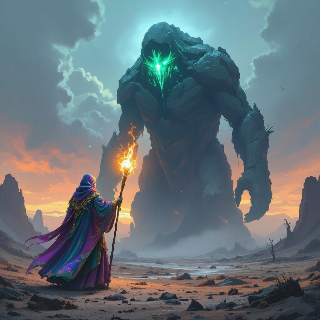 Mushroom Cleric Battles Rock Monster in Desolate Land