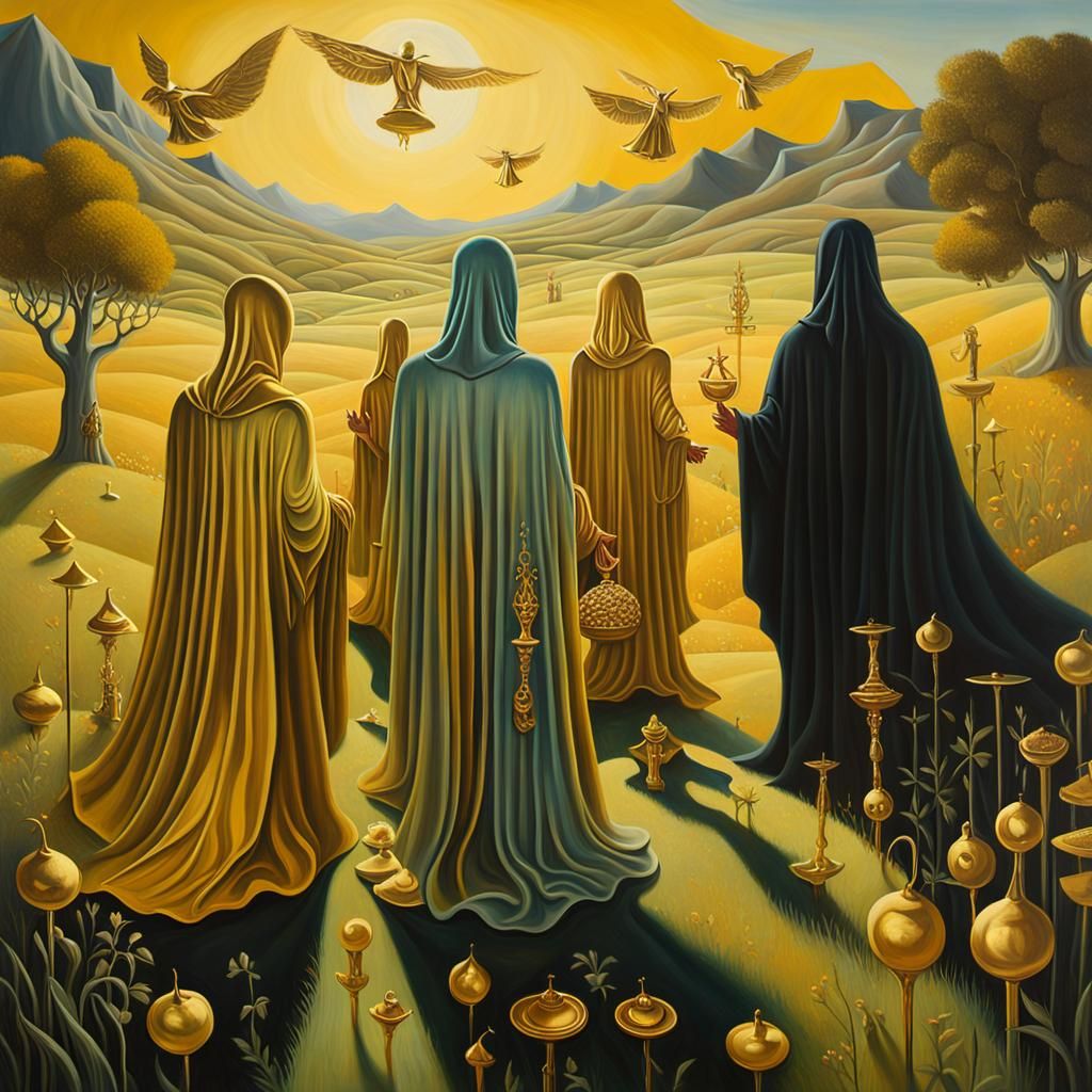 Surreal Coven Adorns Golden Bounty in Dreamlike Meadow