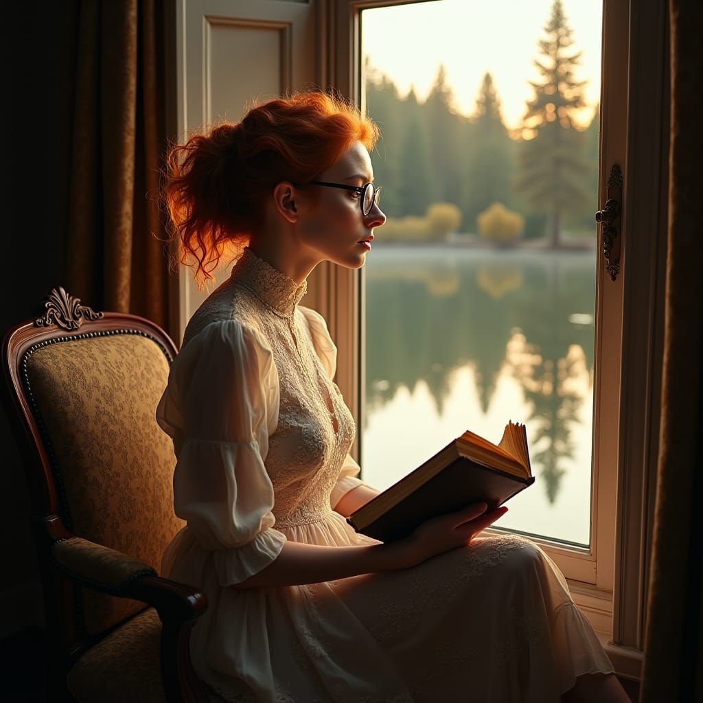 Introspective Red-Haired Woman in Vintage Setting