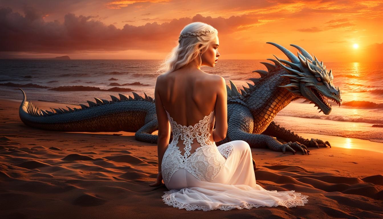 Daenerys Targaryen on Beach with Dragon