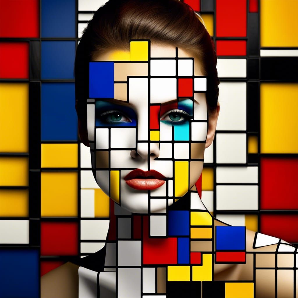 Portrait with Cracked Surface in Mondrian Style