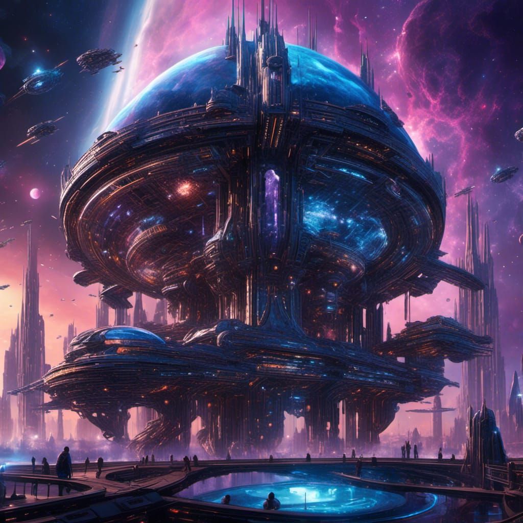 a massive galactic spaceship shaped like a butterfly, there are glass domes  and towers on the ship,, the ship has color...