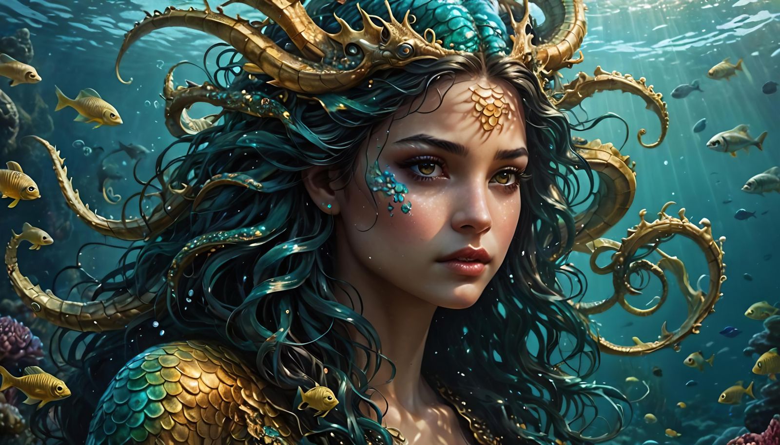 Mysterious Mermaid and Seahorse in Hyperrealistic Ocean