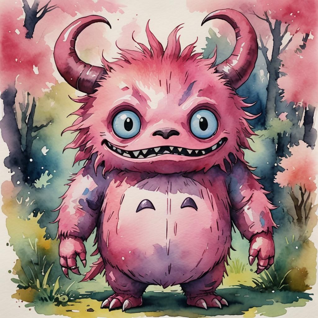 Cute Pink Monster in Studio Ghibli Watercolor Style