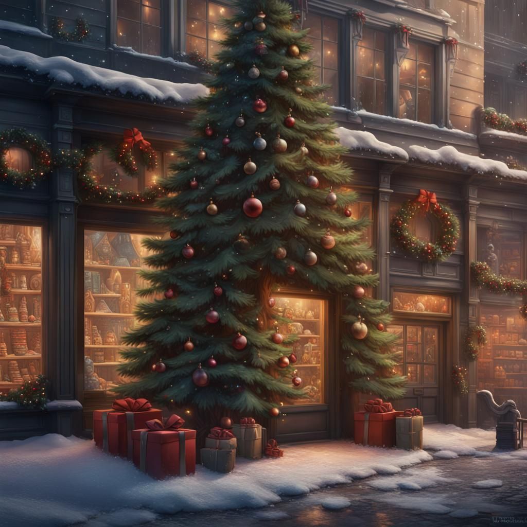 Christmas Trees Outside Storefront in Detailed Matte Paintin...