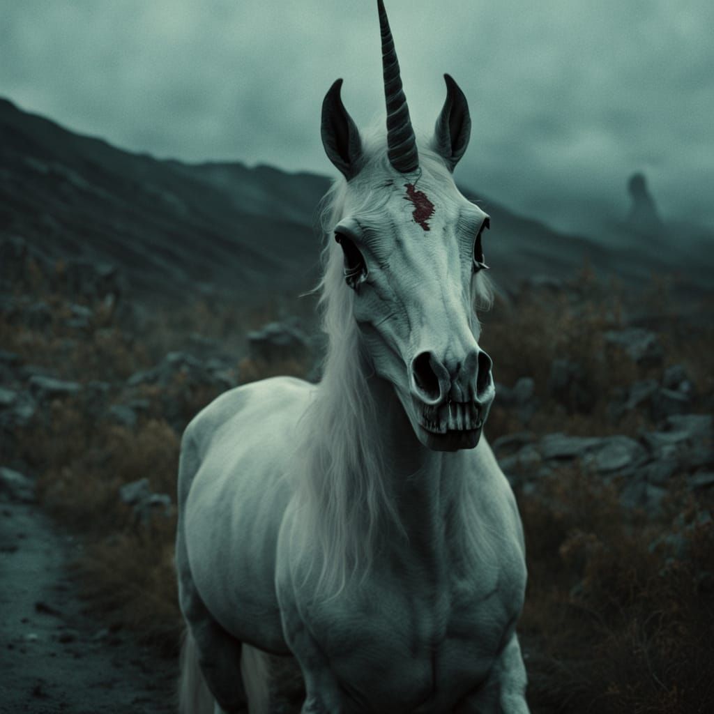 Zombified Unicorn in Desolate Landscape: Dark Fantasy Art