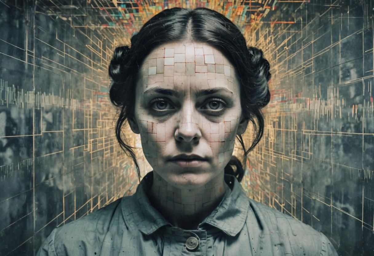 Victorian Asylum Woman with Glitchcore Double Exposure