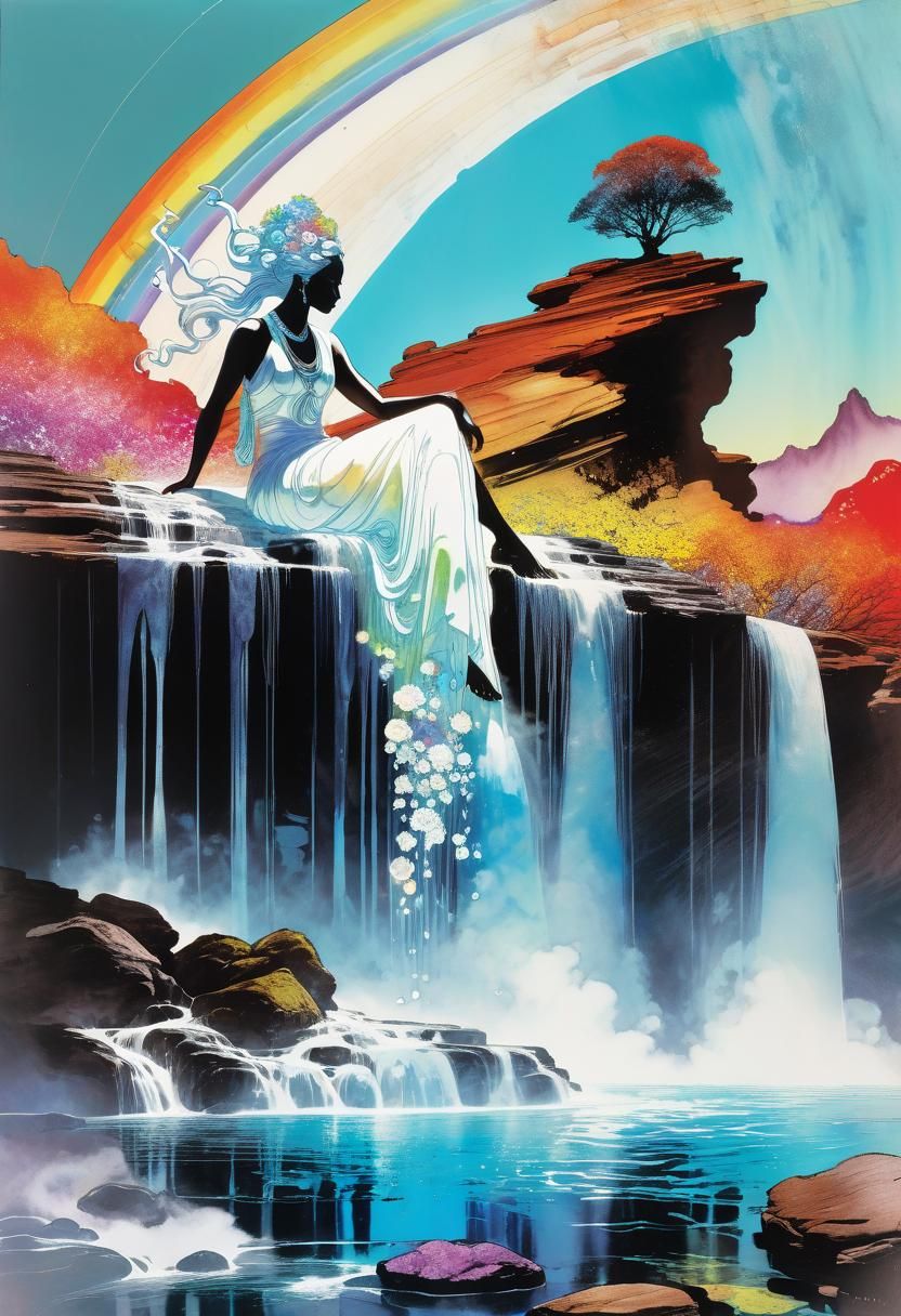 Goddess Bathing in Rainbow Waterfall: Modern Art