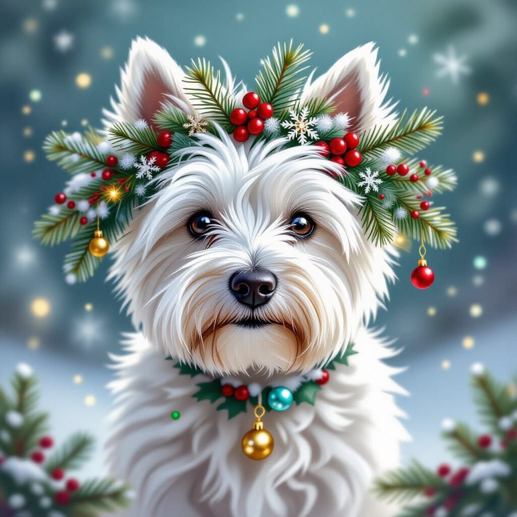 Enchanting West Highland Terrier in Festive Pine Crown