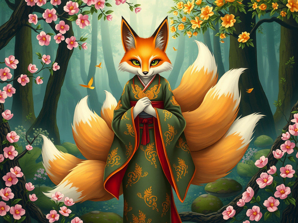 Mystical Kitsune in Forest Glade, Japanese Mythology Art