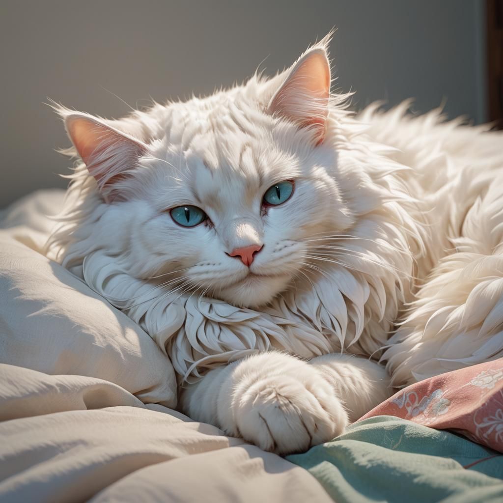 Fluffy White Cat Sleeping: Studio Ghibli Anime Portrait