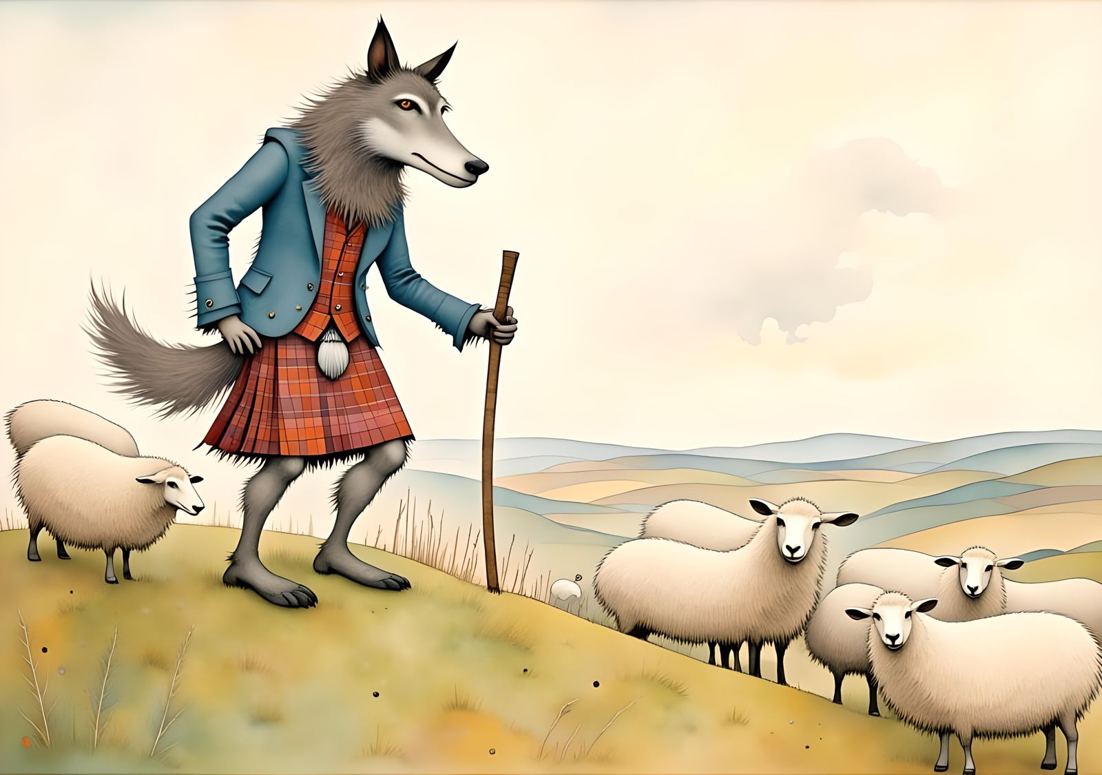Wolfman Shepherd with Sheep in Watercolour Style