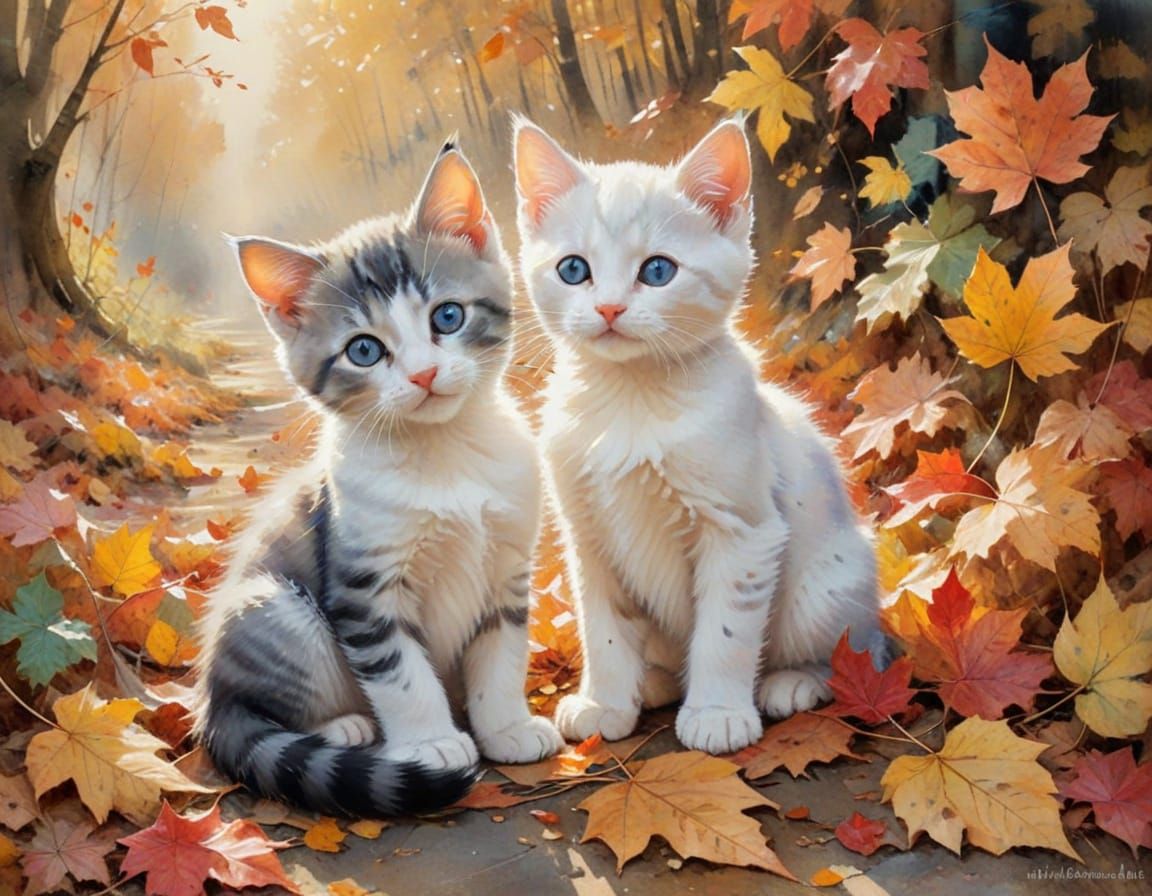 Kittens Snuggling on Autumn Path: Impressionist Watercolour