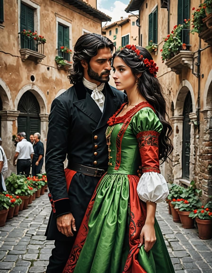 Italian Couple in Traditional Dress, Fantasy Background