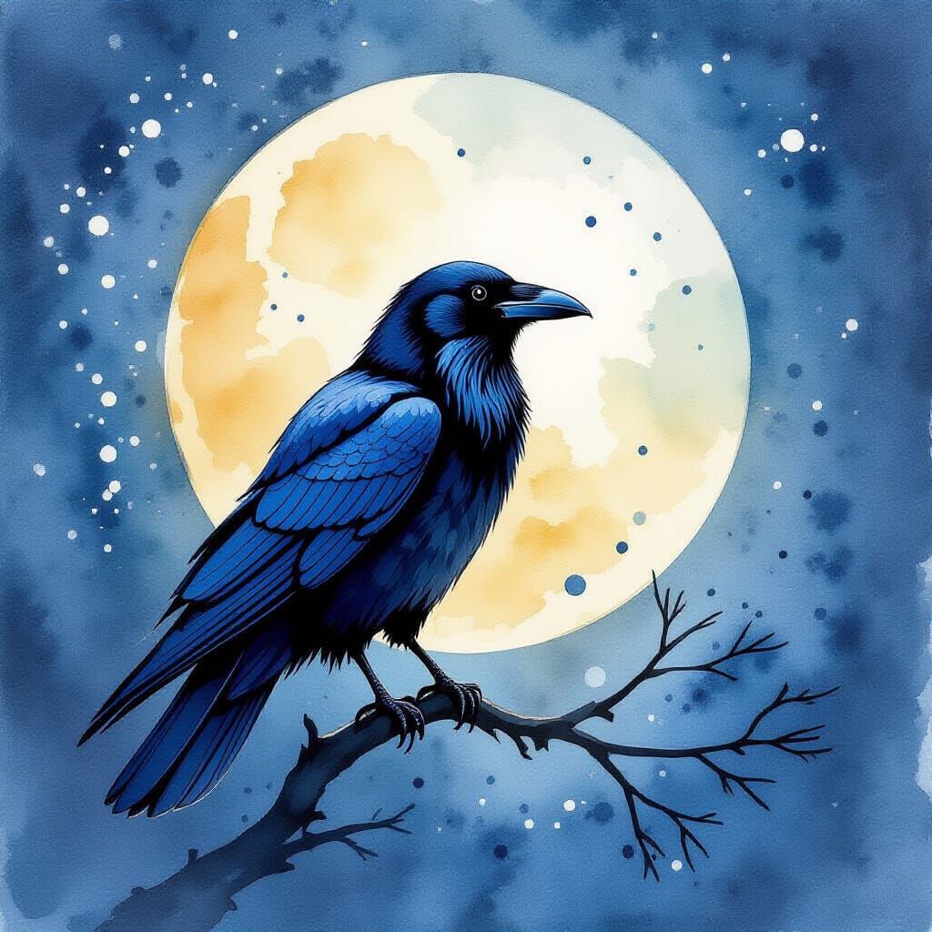 Raven in Moonlight: Watercolor Alcohol Ink Art